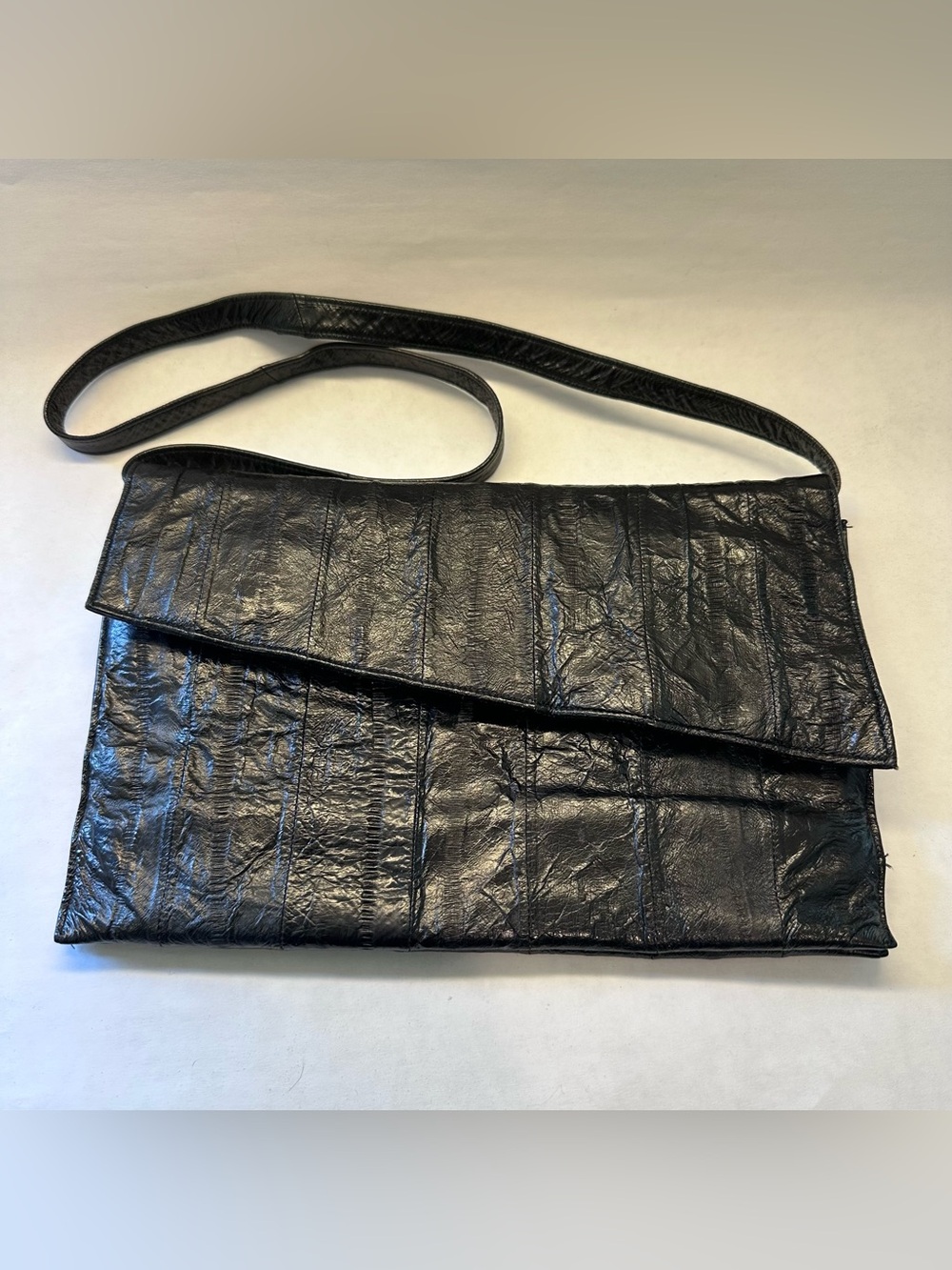 Vintage 80s Black Eel Skin Convertible Clutch Shoulder Bag 11x7" Envelope Purse